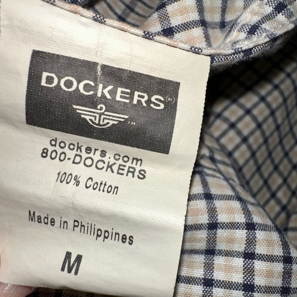Dockers Men's Navy Cream Plaid SS Shirt Size M Seersucker Cotton Blend Button - Picture 6 of 12